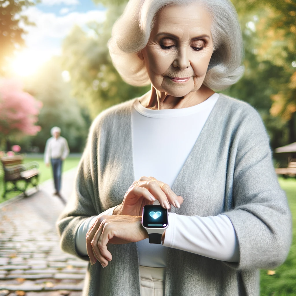 Persona mayor elegante usando reloj GPS inteligente en un parque sereno